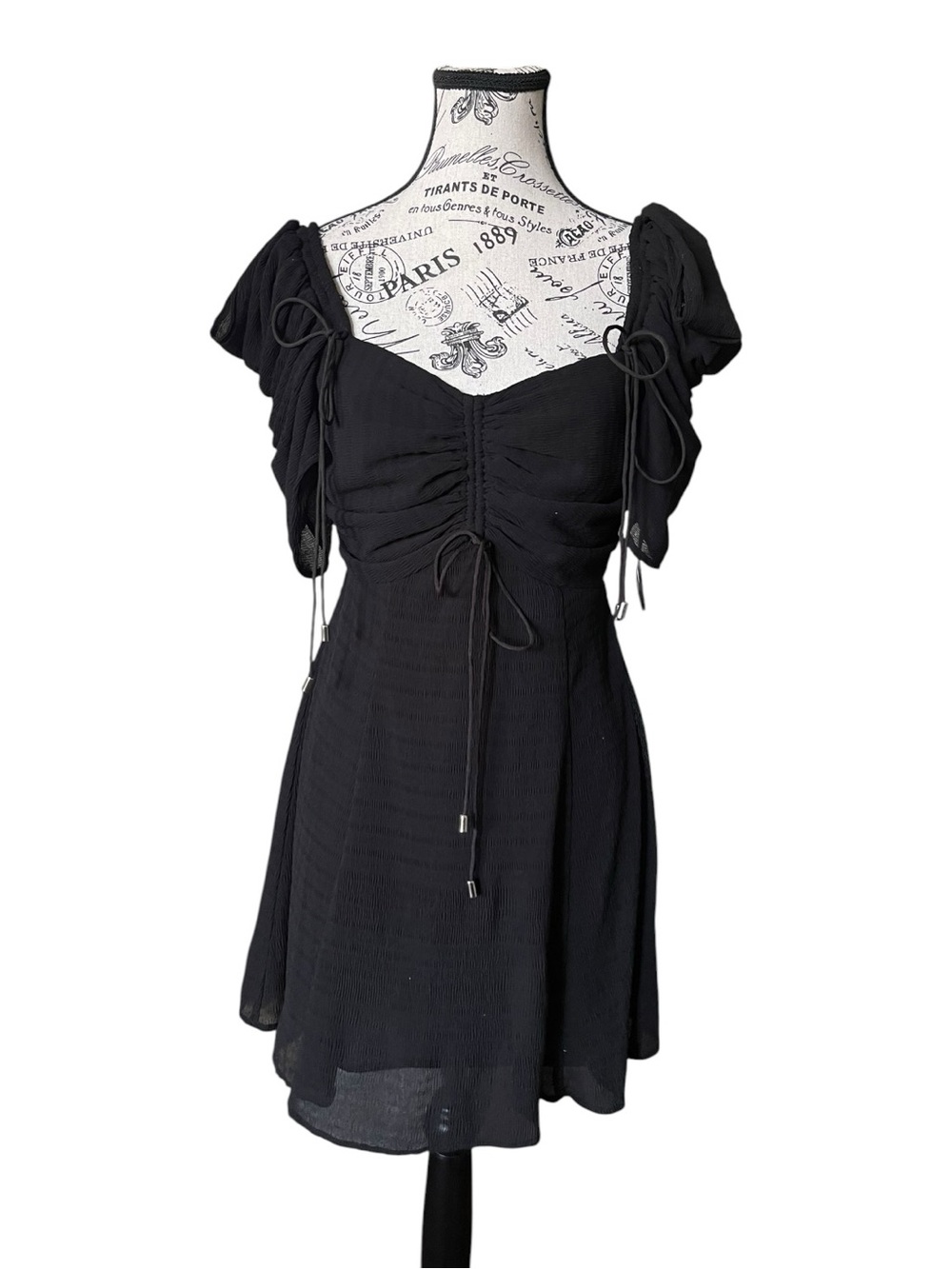 C/MEO Collective Black Ruched Puff Sleeve Mini Dress Small Coquette Fairycore